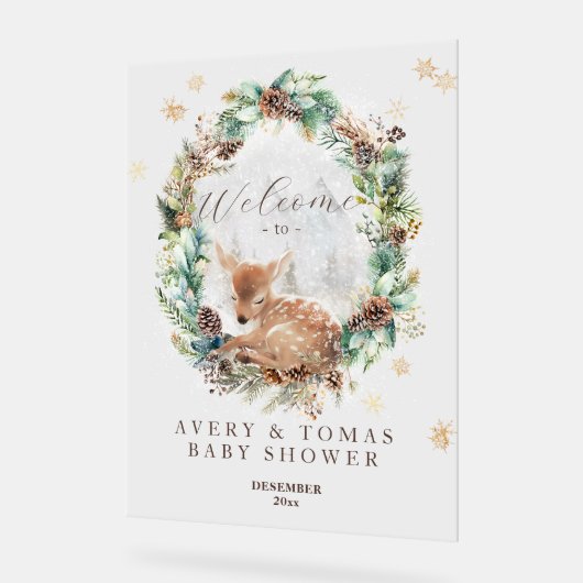 鹿の冬の森林コールド外の赤ちゃんシャワー アクリルサイン (傾斜)