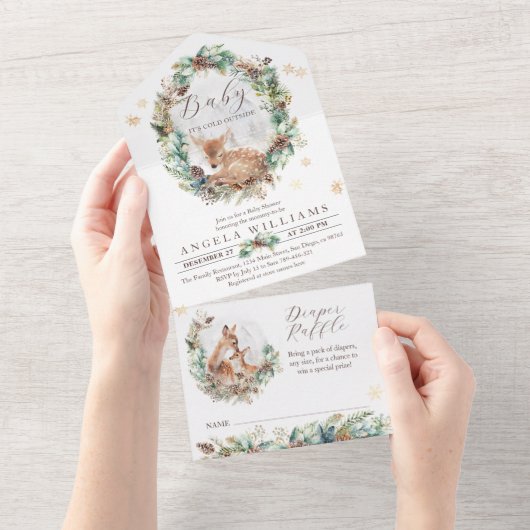 鹿の冬の森林コールド外の赤ちゃんシャワー オールインワン招待状 (貼ってはがせる)