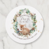 鹿の冬の森林コールド外の赤ちゃんシャワー フェイバータグ (裏面)