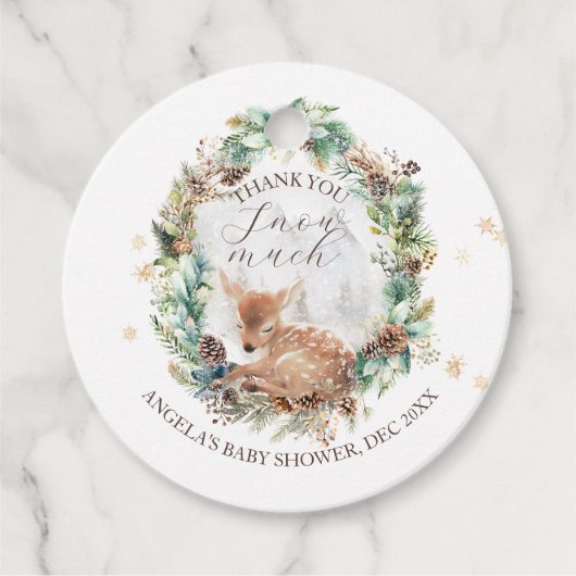 鹿の冬の森林コールド外の赤ちゃんシャワー フェイバータグ (正面)