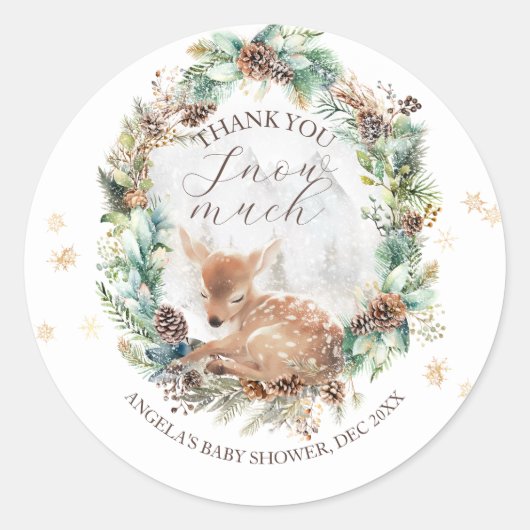 鹿の冬の森林コールド外の赤ちゃんシャワー ラウンドシール (正面)