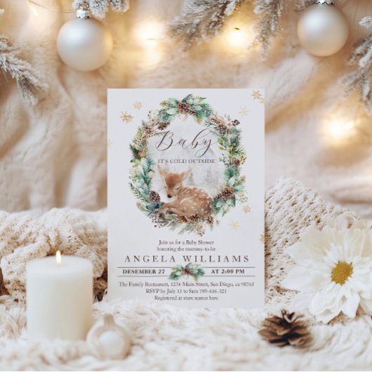 鹿の冬の森林コールド外の赤ちゃんシャワー 招待状