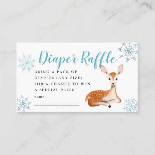 鹿の冬の赤ちゃんシャワーブルーおむつラッフルチケット エンクロージャーカード (正面)