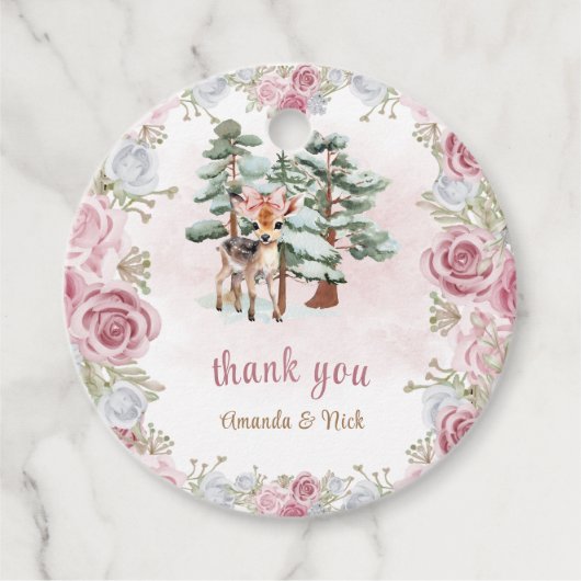 鹿の冬の赤ちゃん女の子シャワーピンクありがとう フェイバータグ (正面)