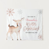 鹿の冬の雪片ワンダーランドウェルカムサイン タペストリー (正面(横))