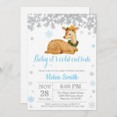 鹿の冬の青い男の子のベビーシャワー雪の結晶 招待状 (正面/裏面)