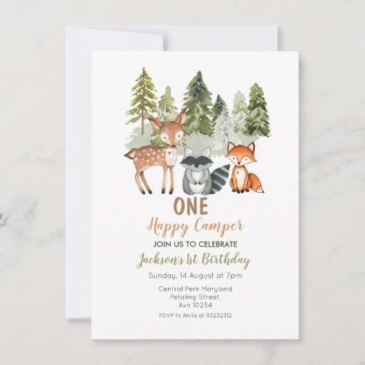 鹿の動物の冒険キャンパーの誕生日の招待 招待状 (正面)