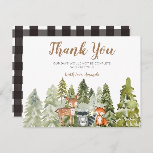 鹿の動物の冒険キャンパーベビーシャワー サンキューカード (正面/裏面)