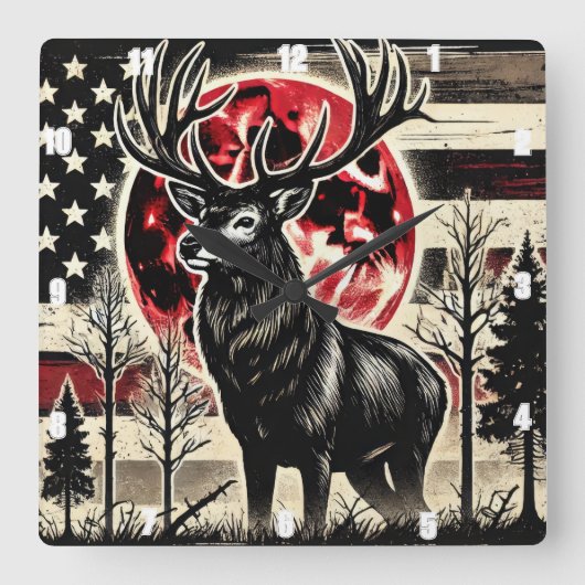 鹿の印象的威厳のあるな〔雄ジカの〕枝角の森の自然 スクエア壁時計 (正面)