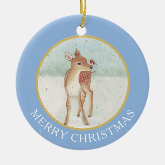鹿の子鹿と鳥のヴィンテージの画像 セラミックオーナメント (正面)