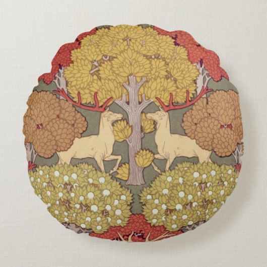 鹿の木、リス、鳥、ローワンベリーアールヌーボー ラウンドクッション (正面)