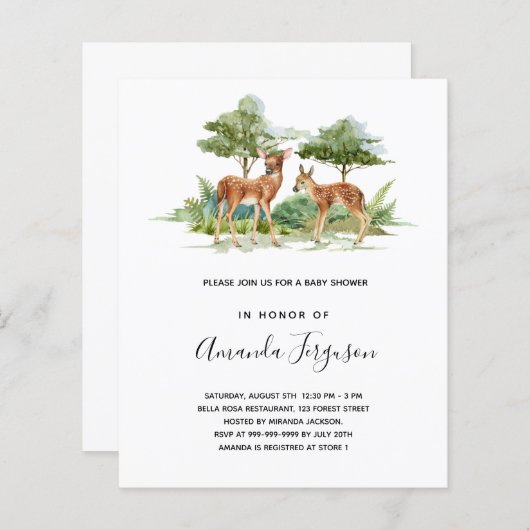 鹿の森の予算ベビーシャワーの招待 (正面/裏面)