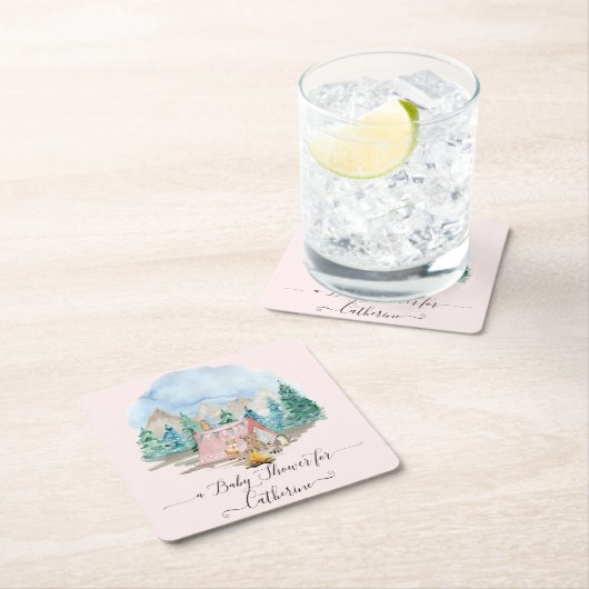 鹿の森の動物がピンクの赤素朴ちゃんシャワーを浴びる スクエアペーパーコースター (インサイチュ)