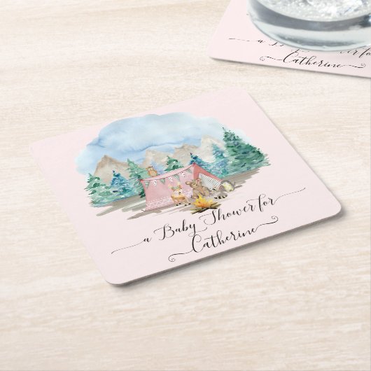 鹿の森の動物がピンクの赤素朴ちゃんシャワーを浴びる スクエアペーパーコースター (アングル)