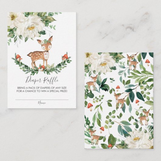 鹿の森の動物の赤ちゃんシャワーおむつラッフル エンクロージャーカード (正面/裏面)