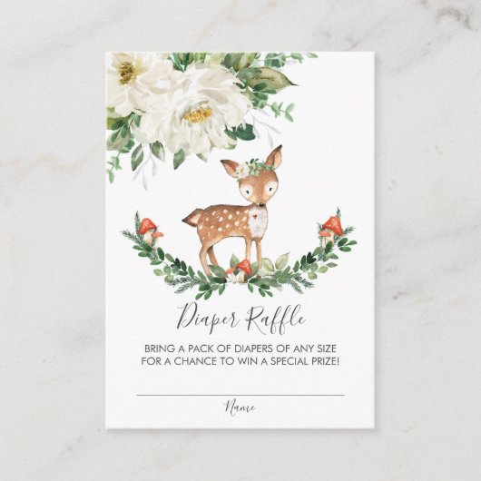 鹿の森の動物の赤ちゃんシャワーおむつラッフル エンクロージャーカード (正面)