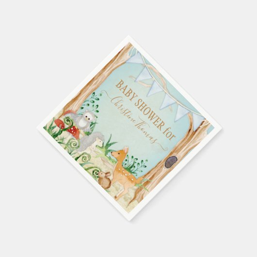 鹿の森の動物ハリネズミのフクロウ男の子の赤ちゃんシャワー スタンダードカクテルナプキン (角)