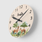 鹿の森の動物ベージュ子供部屋 ラウンド壁時計 (傾斜)