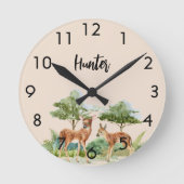 鹿の森の動物ベージュ子供部屋 ラウンド壁時計 (正面)