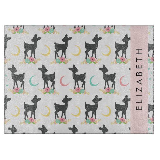 鹿の模様,ベビー鹿,ボホ,花,お名前 カッティングボード (正面)