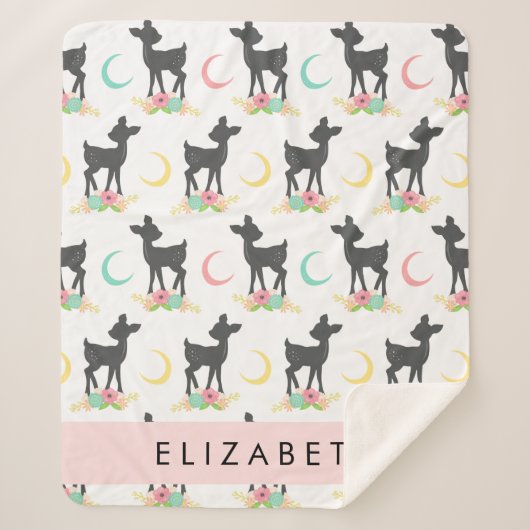 鹿の模様，ベビー鹿，ボホ，花，お名前 シェルパブランケット (正面)