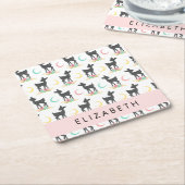 鹿の模様,ベビー鹿,ボホ,花,お名前 スクエアペーパーコースター (アングル)