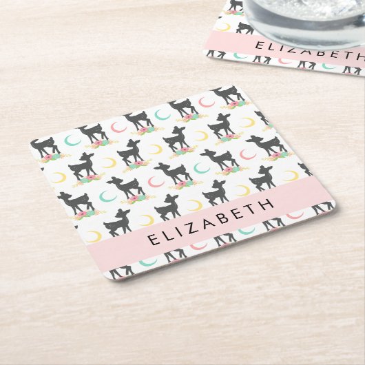 鹿の模様，ベビー鹿，ボホ，花，お名前 スクエアペーパーコースター (アングル)