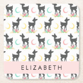 鹿の模様,ベビー鹿,ボホ,花,お名前 スクエアペーパーコースター (正面)