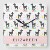 鹿の模様，ベビー鹿，ボホ，花，お名前 スクエア壁時計 (正面)