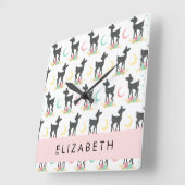 鹿の模様，ベビー鹿，ボホ，花，お名前 スクエア壁時計 (傾斜)