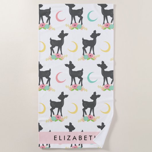 鹿の模様，ベビー鹿，ボホ，花，お名前 ビーチタオル (正面)