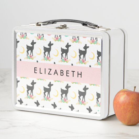 鹿の模様,ベビー鹿,ボホ,花,お名前 メタルランチボックス (インサイチュ)