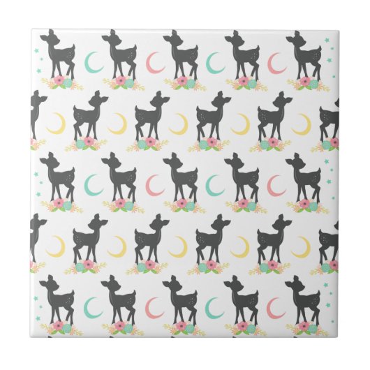 鹿の模様,ベビー鹿,ボホ,花,月 タイル (正面)