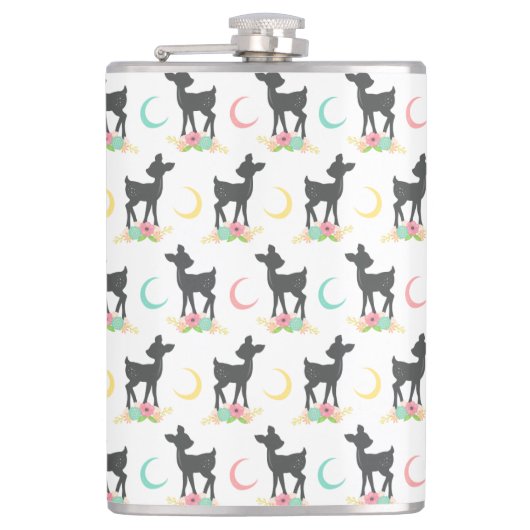 鹿の模様，ベビー鹿，ボホ，花，月 フラスク (正面)