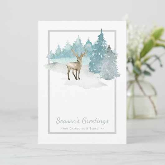 鹿の水彩冬の森のクリスマス シーズンカード (スタンド正面)
