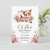 鹿の水彩画 ローズの花の誕生日パーティー 招待状 (スタンド正面)