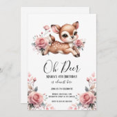 鹿の水彩画 ローズの花の誕生日パーティー 招待状 (正面/裏面)