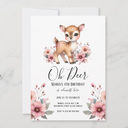 鹿の水彩花のバースデーパーティ 招待状 (正面)
