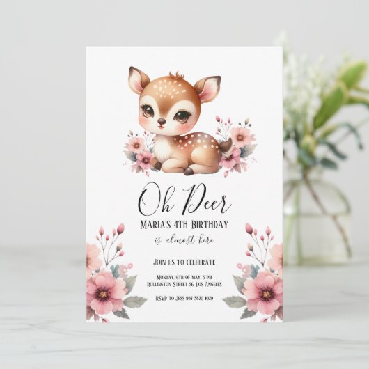 鹿の水彩花のバースデーパーティ 招待状 (スタンド正面)