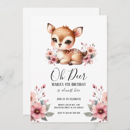 鹿の水彩花のバースデーパーティ 招待状 (正面/裏面)