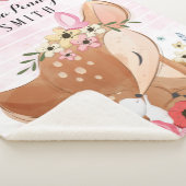 鹿の水色フラワーピンクストライプ色+名前 シェルパブランケット (3/4)