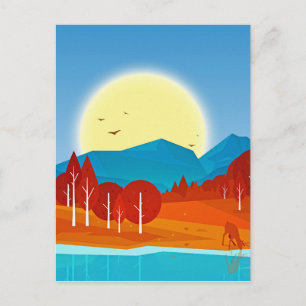 鹿の湖と青い山の上の太陽 ポストカード