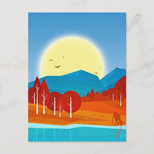 鹿の湖と青い山の上の太陽 ポストカード (正面)