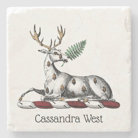 鹿の牡鹿とファーンヘラルディッククレストエンブレム ストーンコースター (正面)