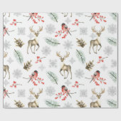 鹿の牡鹿と鳥の森をテーマにしたクリスマス ラッピングペーパー (フラット)