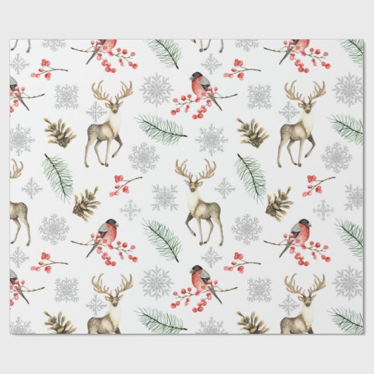 鹿の牡鹿と鳥の森をテーマにしたクリスマス ラッピングペーパー (フラット)