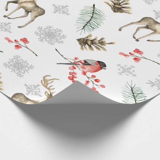鹿の牡鹿と鳥の森をテーマにしたクリスマス ラッピングペーパー (角)
