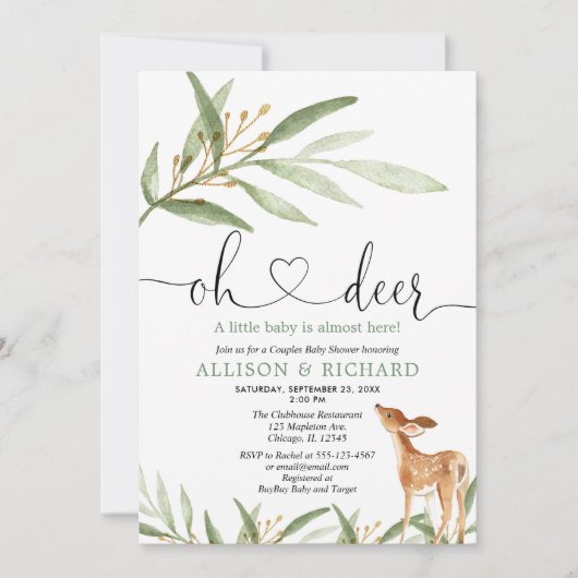 鹿の男女兼用木々のカップルの赤ちゃんシャワー 招待状 (正面)