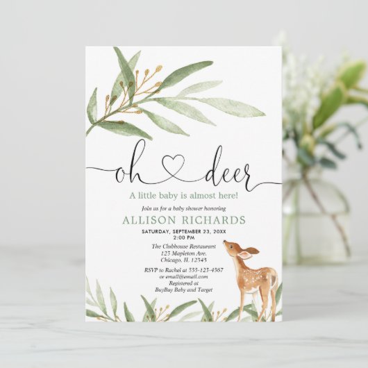 鹿の男女兼用森の緑の赤ちゃんシャワー 招待状 (スタンド正面)