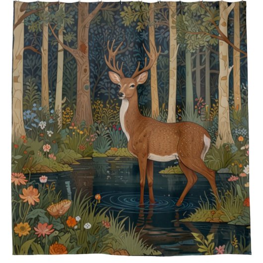 鹿の素朴森の森の緑の小屋 シャワーカーテン (正面)